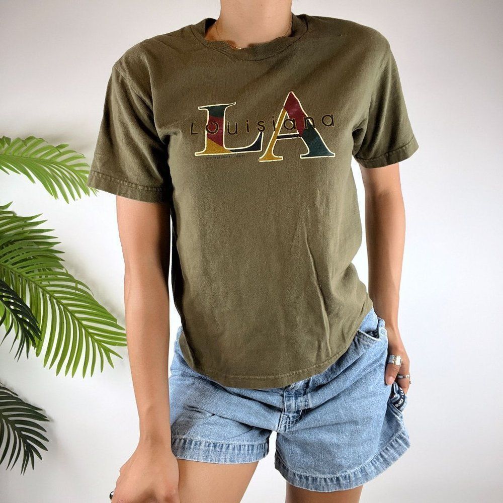 Vintage 90s Grunge Green Indie Louisiana Crew Neck Graphic T-Shirt / Size: M